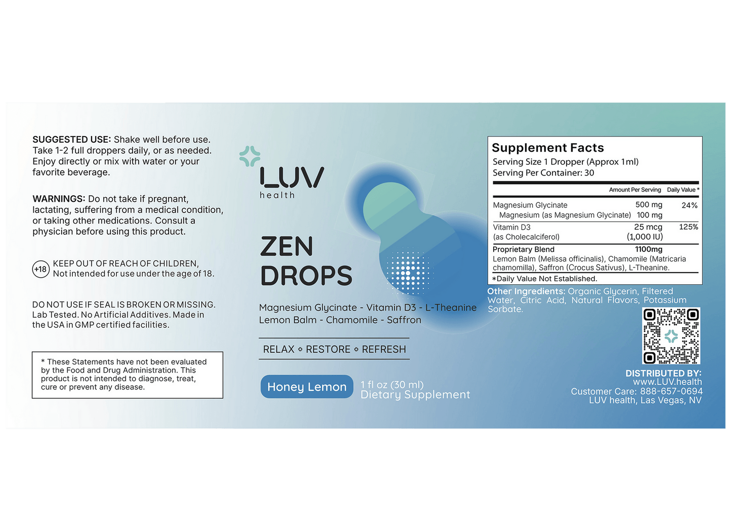 LUV Zen Drops product label
