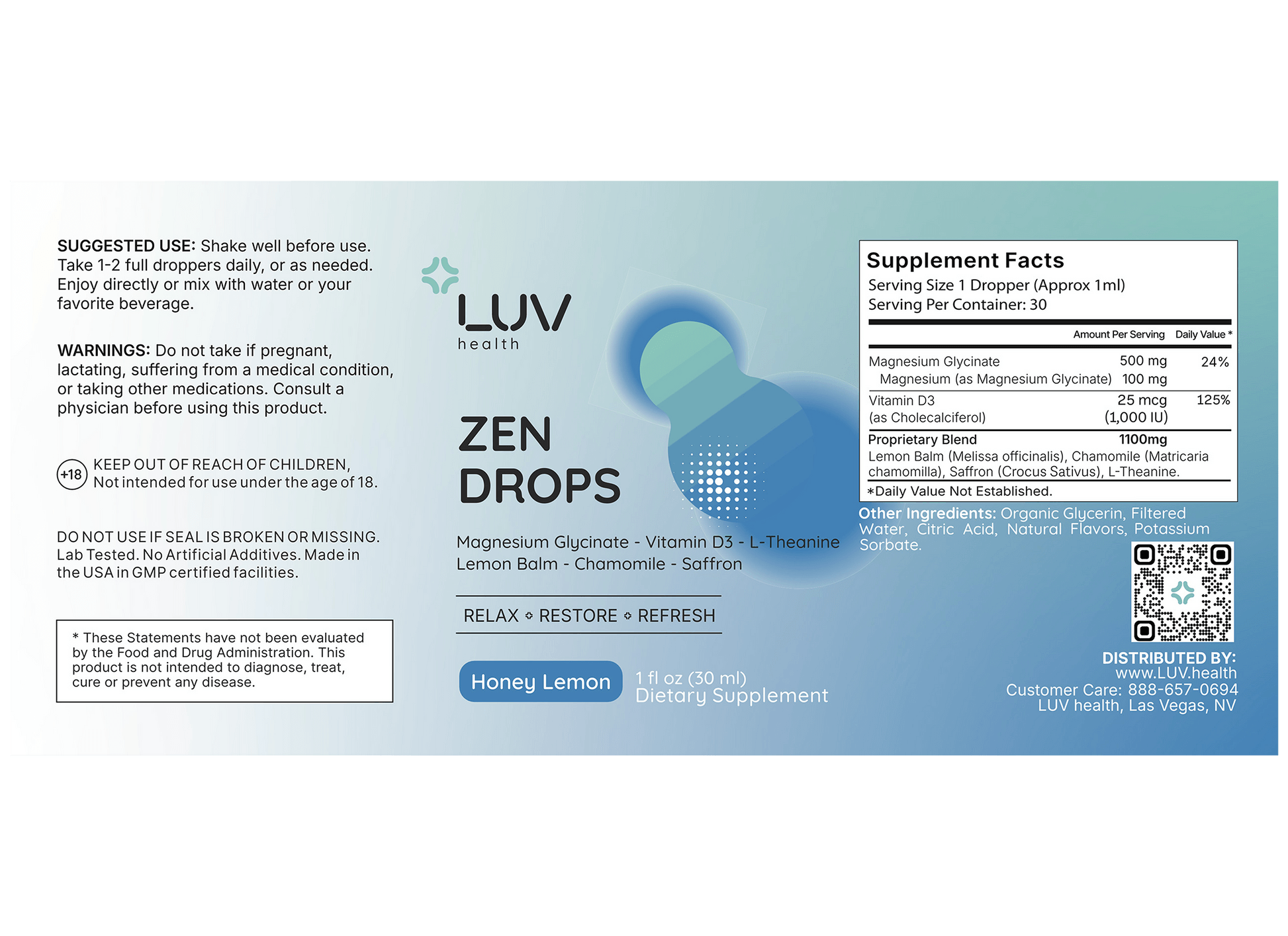 LUV Zen Drops product label