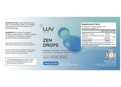 LUV Zen Drops product label