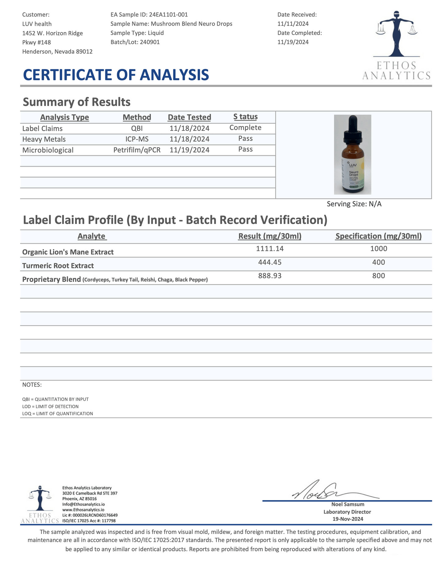 LUV Neuro Drops (COA) document