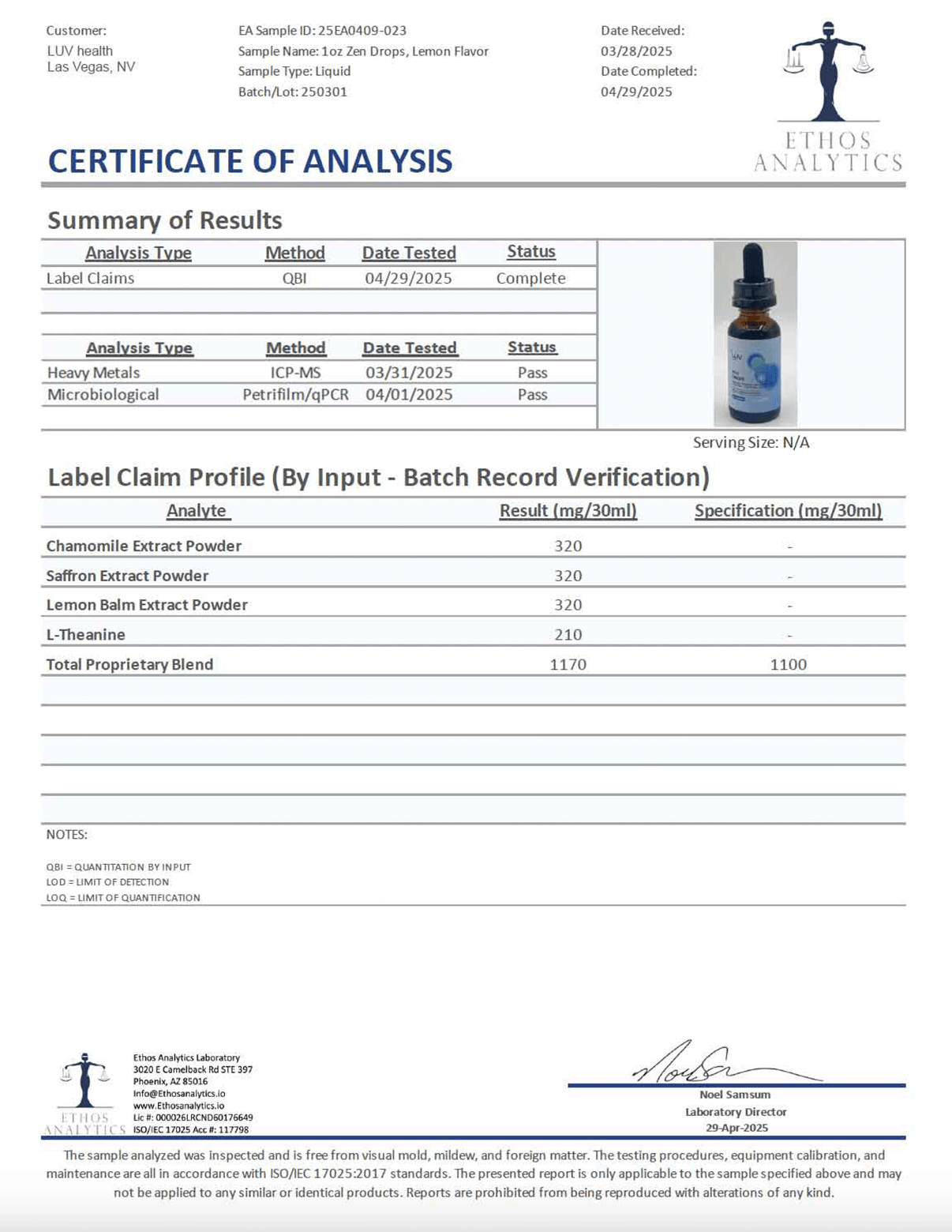 LUV Zen Drops (COA) document