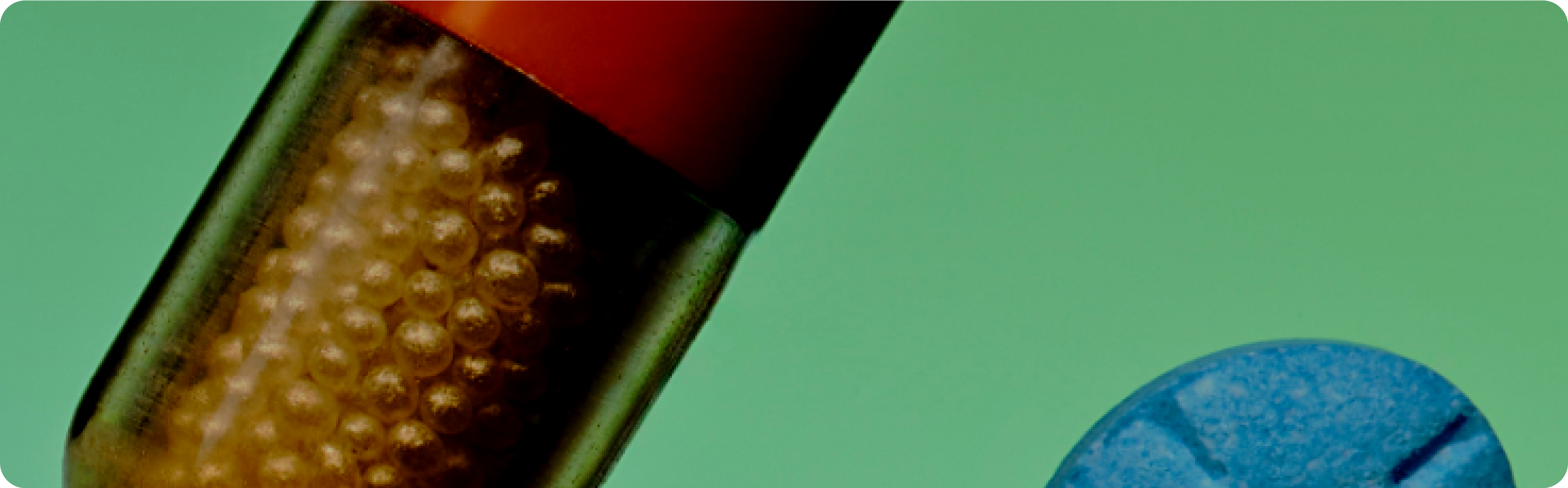 Close-up of a capsule and blue pill on a green background.